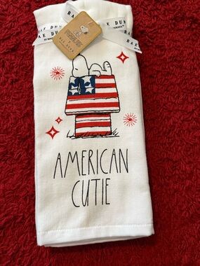Rae Dunn x Peanuts White Tea Towel w/ Red & Blue Snoopy Doghouse- AMERICAN CUTIE